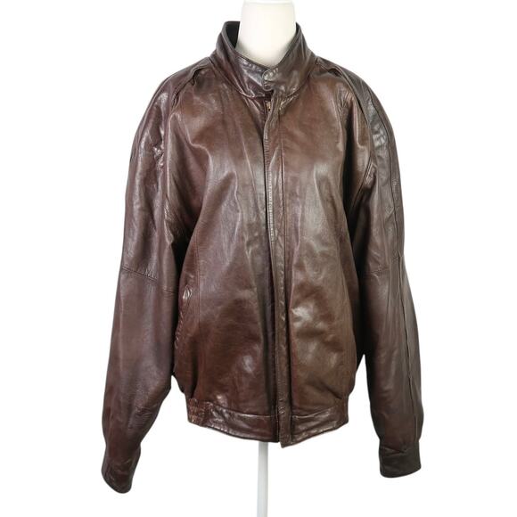 Vintage 80s Tannery West dark brown leather bomber jacket Mens L - Picture 1 of 6